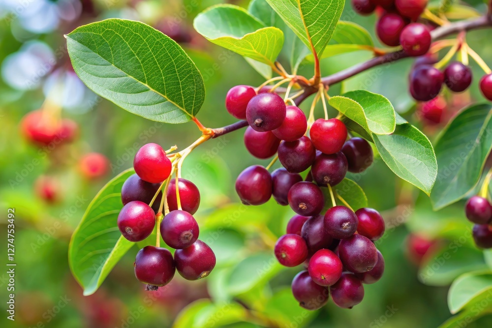 Juneberry Fruits Ripening on Tree Branch in Sunlight. Generative AI Juneberry Fruits Ripening on Tree Branch in Sunlight. Generative AI