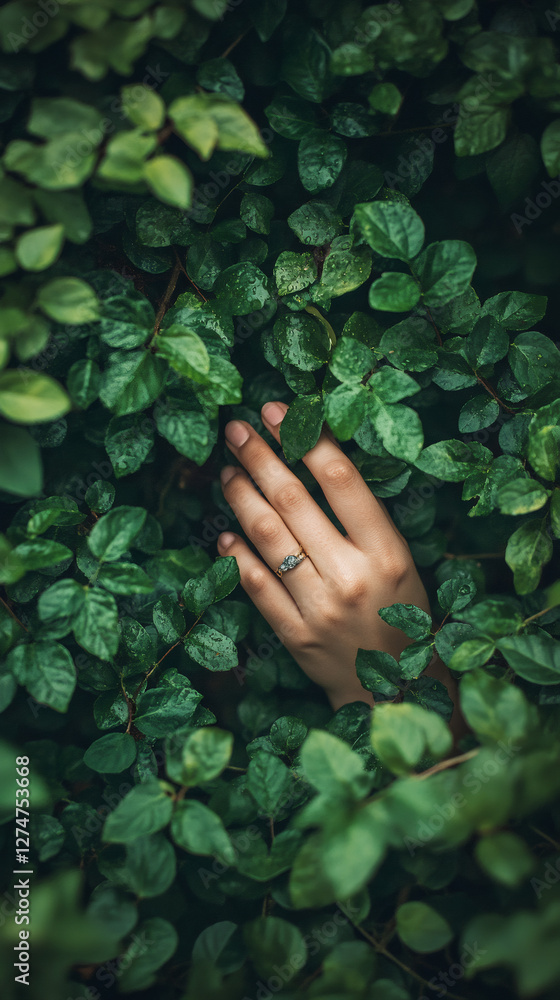 Woman's hand with engagement ring touching wet green leaves, concept of love for nature, ecology and environmental protection Woman's hand with engagement ring touching wet green leaves, concept of love for nature, ecology and environmental protection