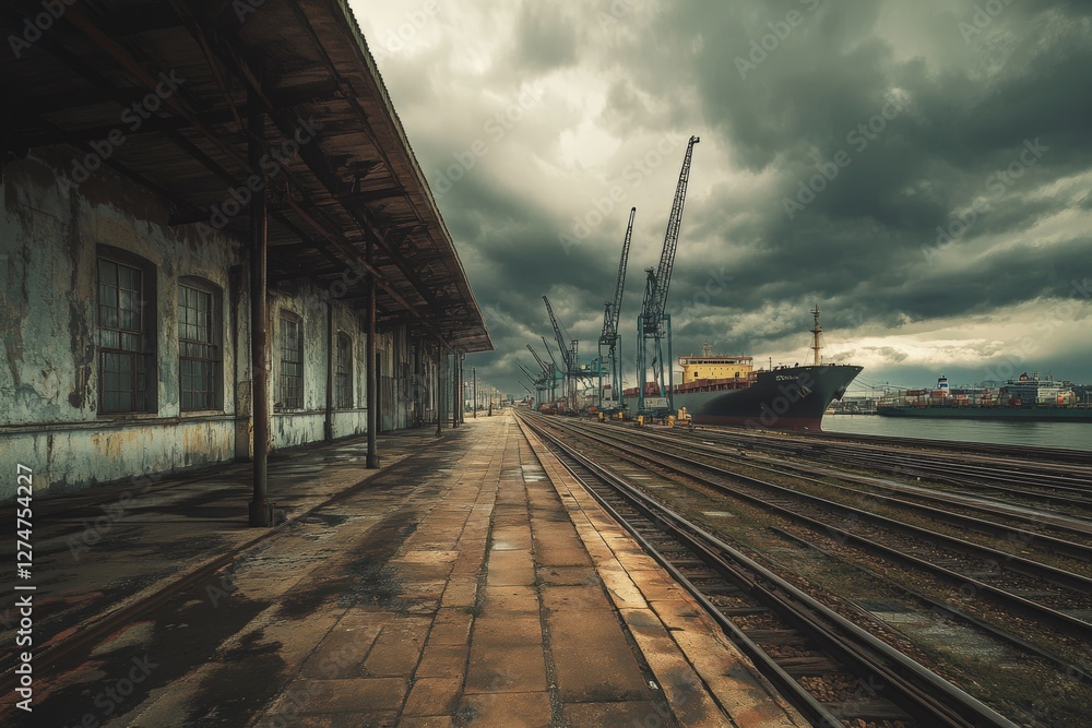 Moody industrial port with train tracks leading to a cargo ship under a stormy sky, evoking a dramatic and cinematic atmosphere of transportation and trade Moody industrial port with train tracks leading to a cargo ship under a stormy sky, evoking a dramatic and cinematic atmosphere of transportation and trade