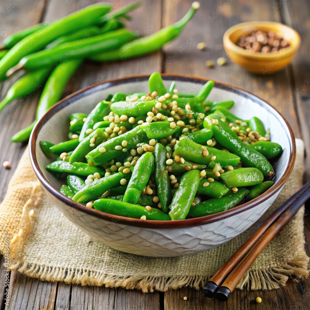 Fresh Sesame Green Peas Beans on a Wooden Table Display. Generative AI Fresh Sesame Green Peas Beans on a Wooden Table Display. Generative AI