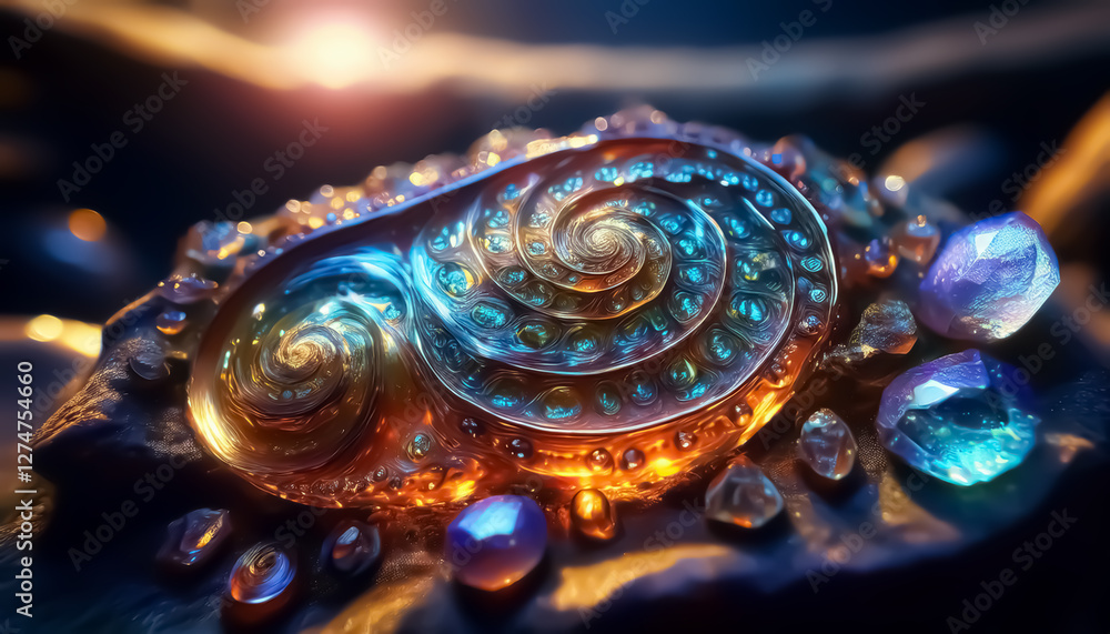 Magical Iridescent Spiral Shell with Crystals in a Mystical Glow Magical Iridescent Spiral Shell with Crystals in a Mystical Glow