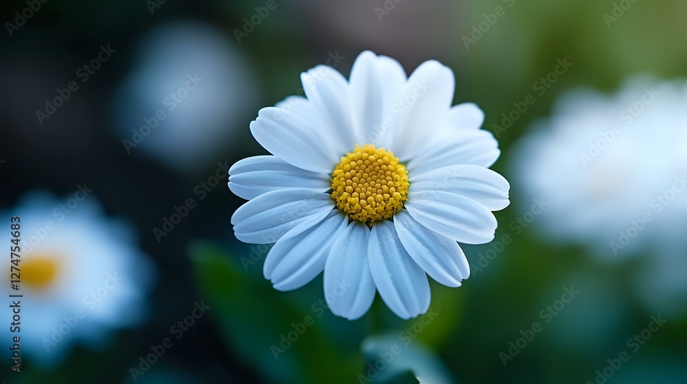 White daisy flower with yellow center in soft focus against dark green background, macro photography showing delicate petals in natural garden setting. White daisy flower with yellow center in soft focus against dark green background, macro photography showing delicate petals in natural garden setting.