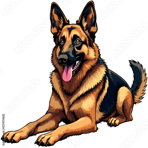 German Shepherd dog pedigreed police, security and border guard dog on also known in Britain as an Alsatian on white background, long-haired dog comic art bulldog illustration graphic 