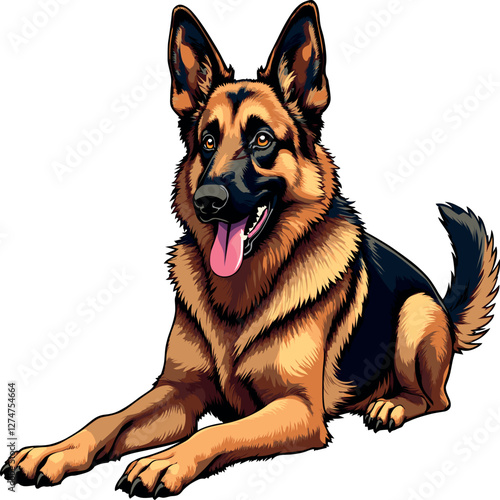 German Shepherd dog pedigreed police, security and border guard dog on also known in Britain as an Alsatian on white background, long-haired dog comic art bulldog illustration graphic 