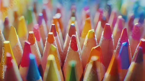 Vibrant colored pencils arranged in rows creating abstract pattern with shallow depth of field, tips pointing upward in rainbow hues against blurred background. photo