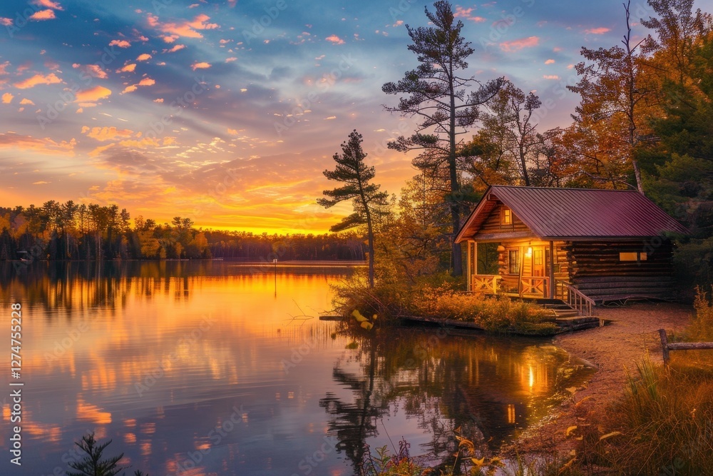 Fototapeta premium Log cabin by serene lake during golden sunset surrounded by vibrant autumn trees in a tranquil wilderness setting