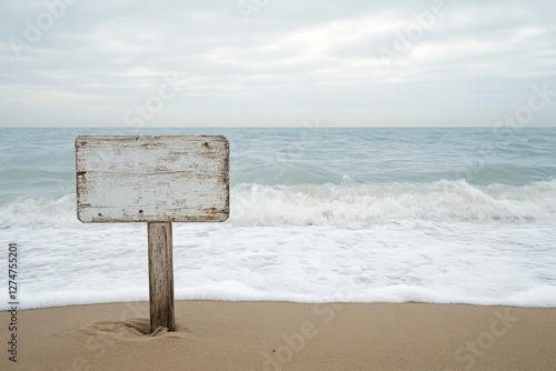A weathered wooden signpost stands on a sandy beach near the ocean waves, evoking a sense of mystery and nostalgia