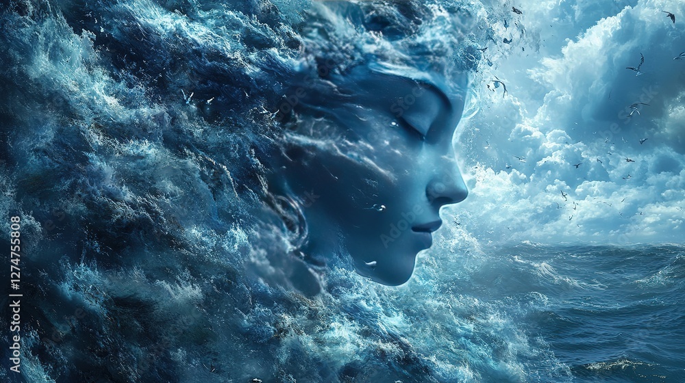 Ethereal oceanic goddess emerges from waves artistic creation dreamy seascape mystical atmosphere Ethereal oceanic goddess emerges from waves artistic creation dreamy seascape mystical atmosphere