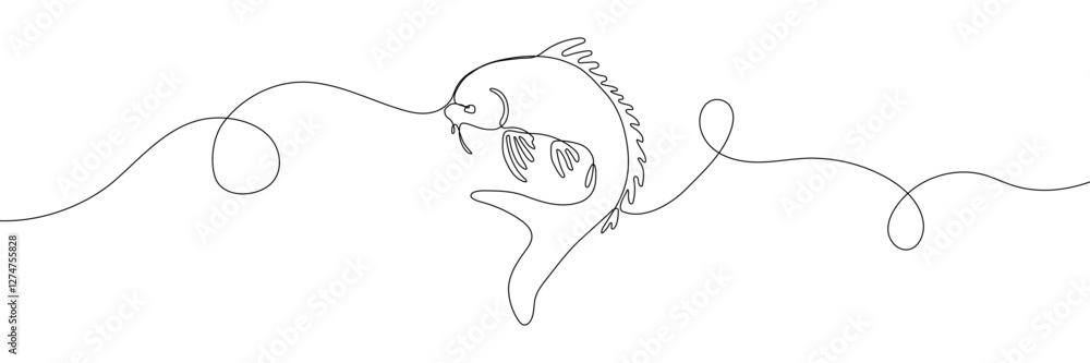Obraz premium One-line drawing vector illustration of a jumping fish. Fish leaping out of the water, symbolizing freedom, nature, fishing, and marine wildlife in artistic form