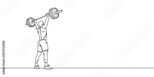 Man Lifting Barbell Overhead One-Line Drawing Vector Illustratoon. Muscular man performing an overhead barbell lift, representing strength training, weightlifting, and athletic fitness