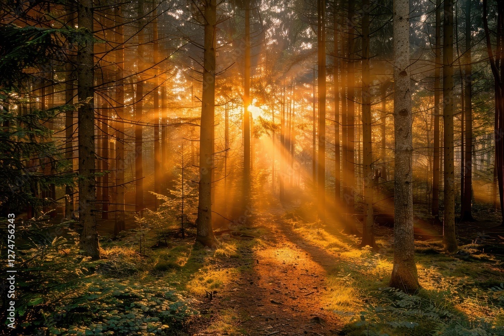Obraz premium Sunlight filtering through trees in a forest creates a magical atmosphere during early morning hours after a fresh rain