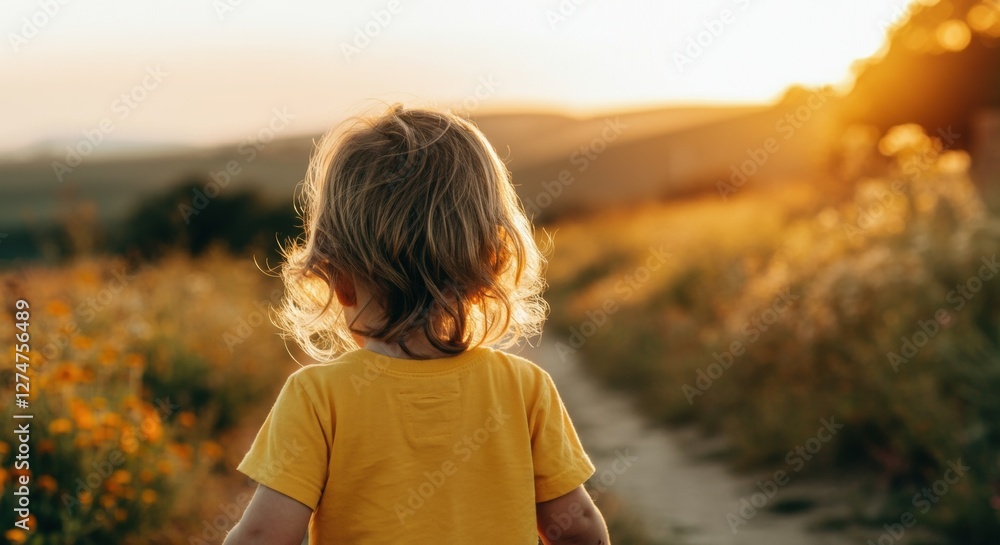 Young caucasian child enjoying nature on a sunny day in blossoming field Young caucasian child enjoying nature on a sunny day in blossoming field
