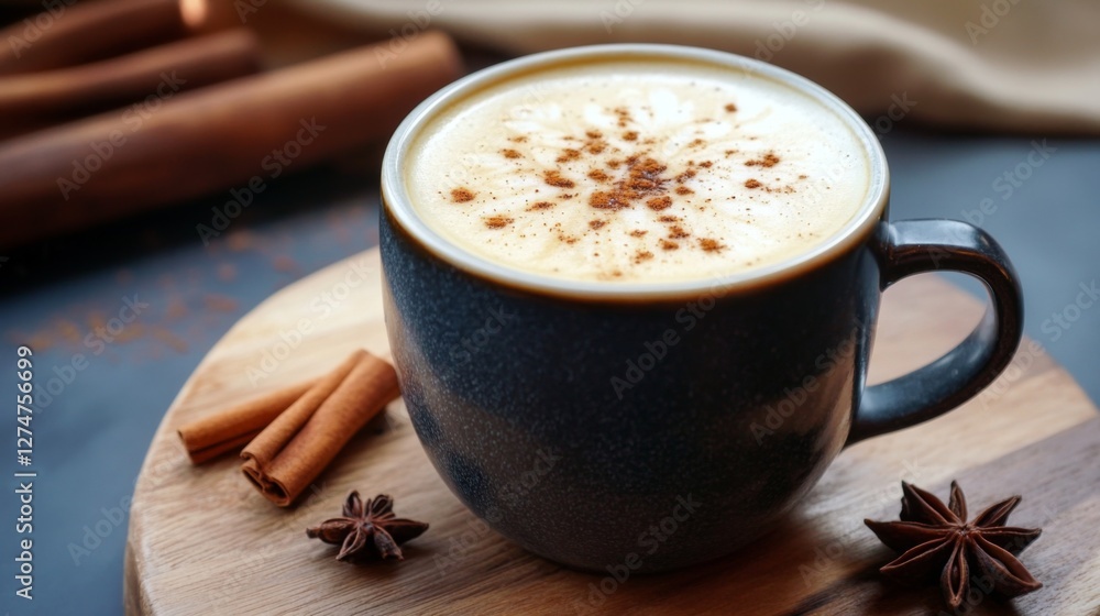 Creamy Cinnamon Coffee on Wooden Tray Creamy Cinnamon Coffee on Wooden Tray
