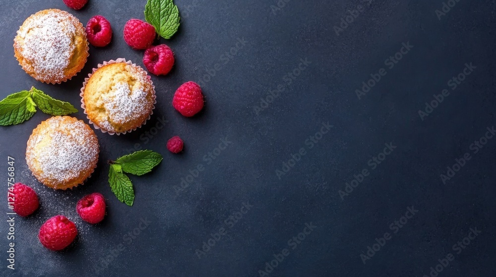 Delicious Muffins with Raspberries and Mint Garnish Delicious Muffins with Raspberries and Mint Garnish
