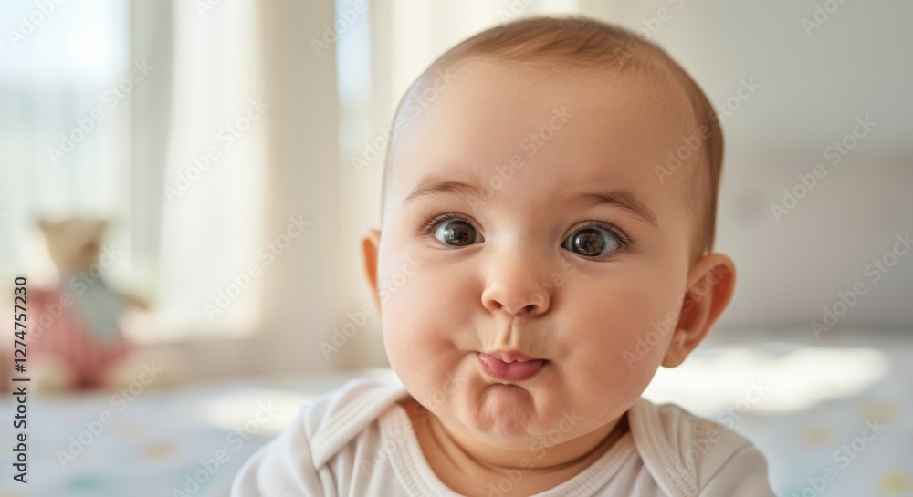 Adorable caucasian baby making a funny face in bright room Adorable caucasian baby making a funny face in bright room