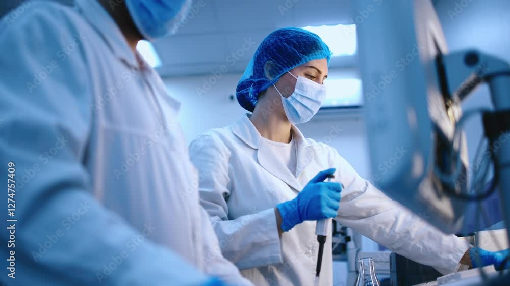 A team of scientists in gloves, glasses, and hats conducts biochemical research in a modern laboratory. Concept studying biological processes with advanced scientific methods.