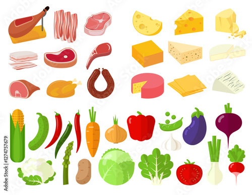 Dairy products, vegetables, meat and cheese.