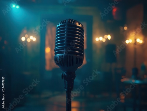 Dramatic Stage Close-Up Featuring a Classic Microphone in a Cabaret-Style Bar Setting, Perfect for Bold Adult Entertainment and Event Promotions photo