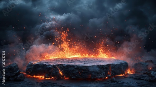 Wallpaper Mural Dramatic Volcanic Stone Podium with Erupting Lava Smelt Rocks and Burning Coals Against a Dark Night Sky Creating an Intense Underworld Advertising Backdrop Torontodigital.ca