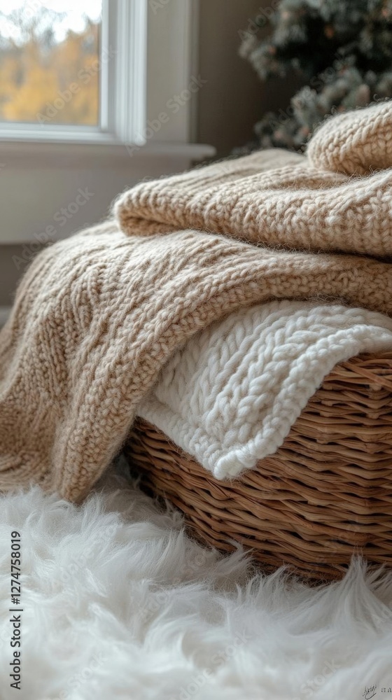 Stacked Knitted Blankets In Basket On Rug Stacked Knitted Blankets In Basket On Rug