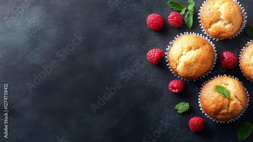 Delicious Muffins and Raspberries Arranged on Dark Surface photo