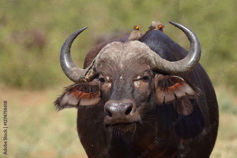 Fototapeta premium Kaffernbüffel und Gelbschnabel-Madenhacker / African buffalo and Yellow-billed oxpecker / Syncerus caffer et Buphagus africanus.