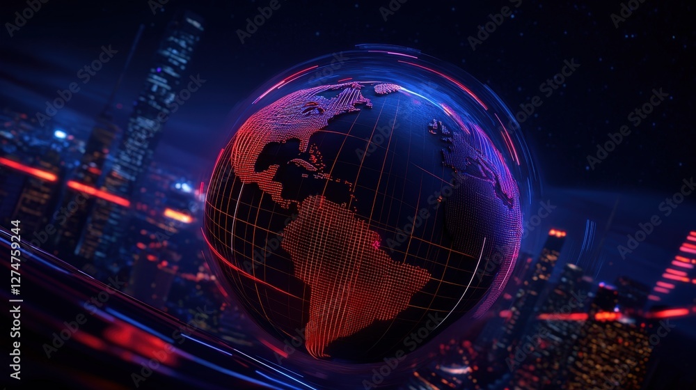A vibrant digital globe illuminated in neon colors, showcasing a modern interpretation of the Earth against a futuristic urban backdrop. A vibrant digital globe illuminated in neon colors, showcasing a modern interpretation of the Earth against a futuristic urban backdrop.