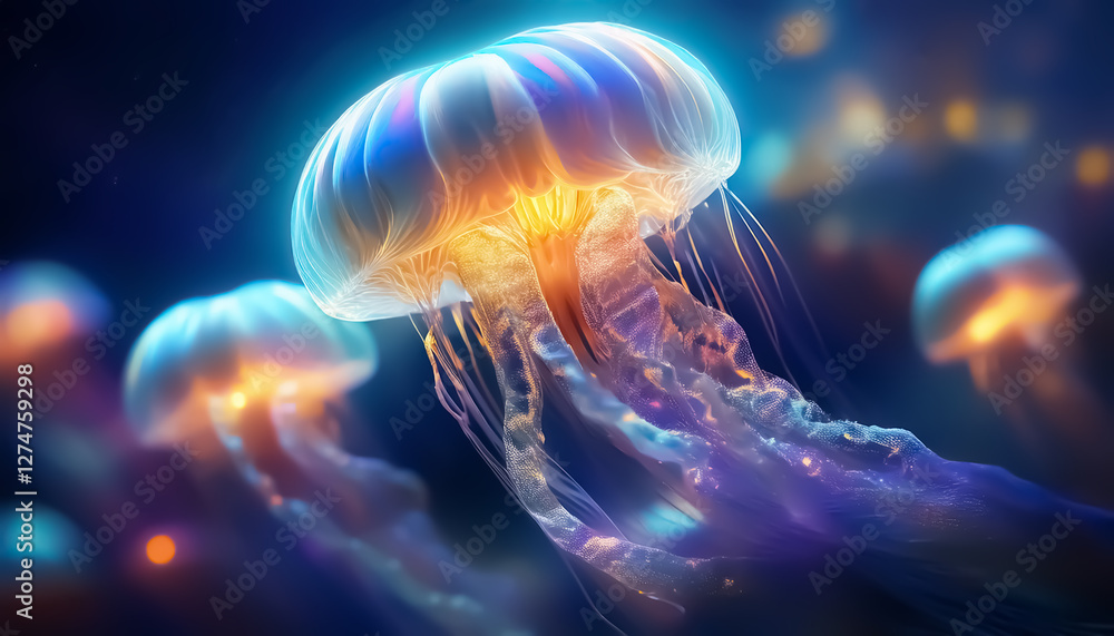 Obraz premium Vibrant Glowing Jellyfish in Deep Ocean
