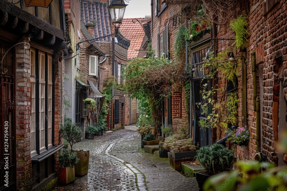 Fototapeta premium Charming cobblestone alleyway adorned with lush greenery and vibrant flowers, inviting exploration in a serene urban setting