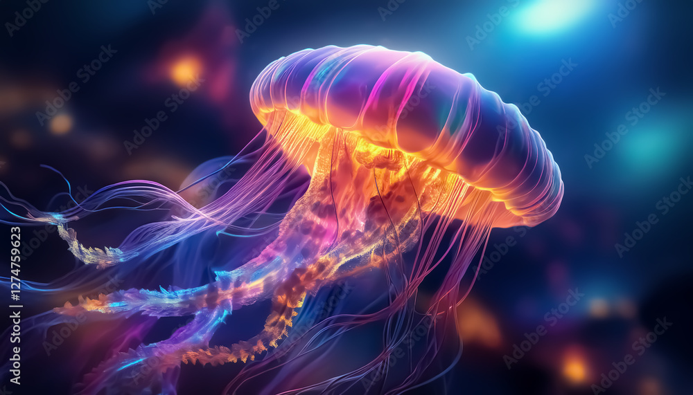Vibrant Glowing Jellyfish in Deep Ocean