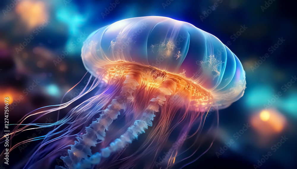 Fototapeta premium Mesmerizing Glowing Jellyfish in Deep Ocean - Bioluminescent Marine Life
