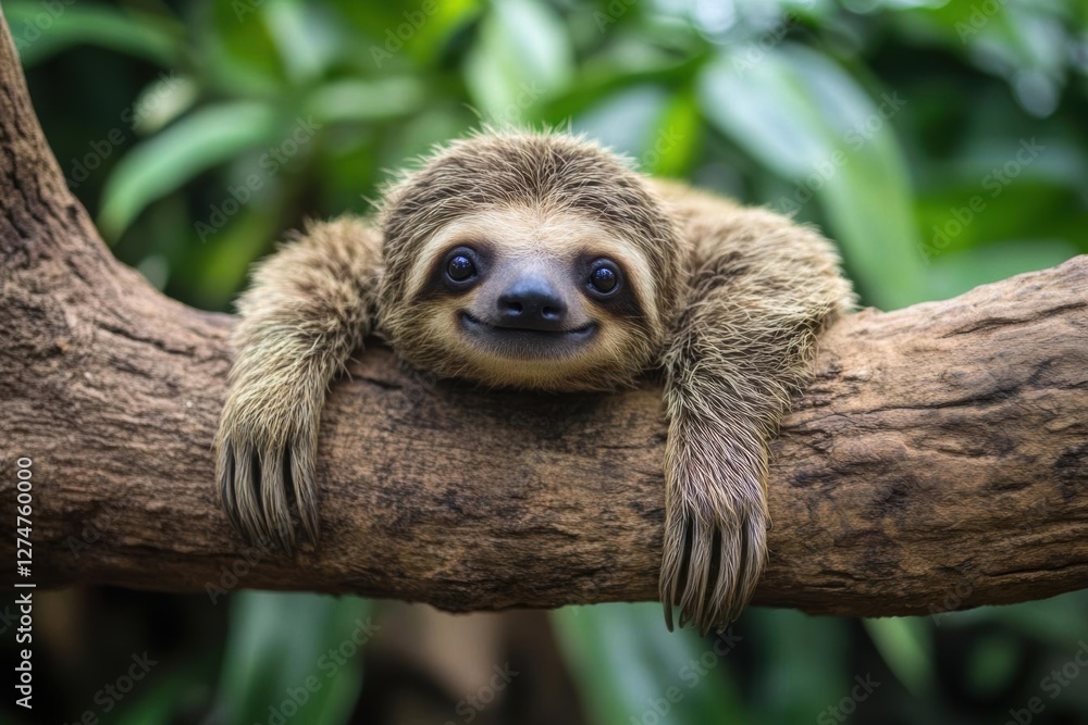 Fototapeta premium Sloth Hangs on Branch in Rainforest, Wildlife Habitat with Adorable Smile