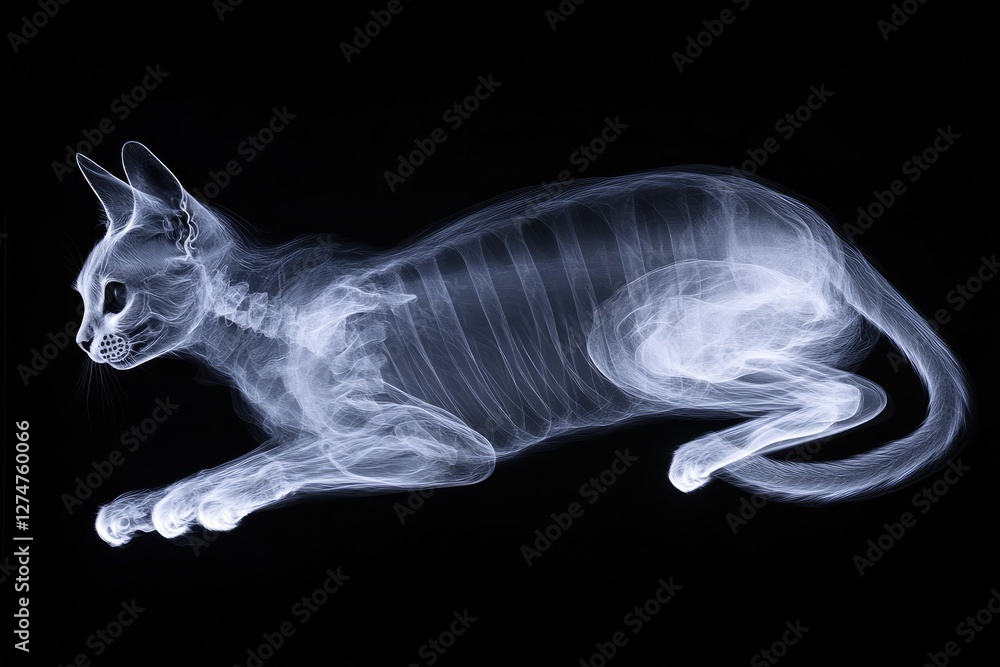 Fototapeta premium X-ray Glimpse: An X-ray image offers a unique perspective of the anatomy of a cat, displaying its skeletal structure. The image provides a clear depiction of the animal's form