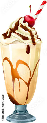 Illustration of a rich chocolate milkshake with a straw and dripping syrup, ideal for beverage branding, food blogs, or restaurant visuals.
