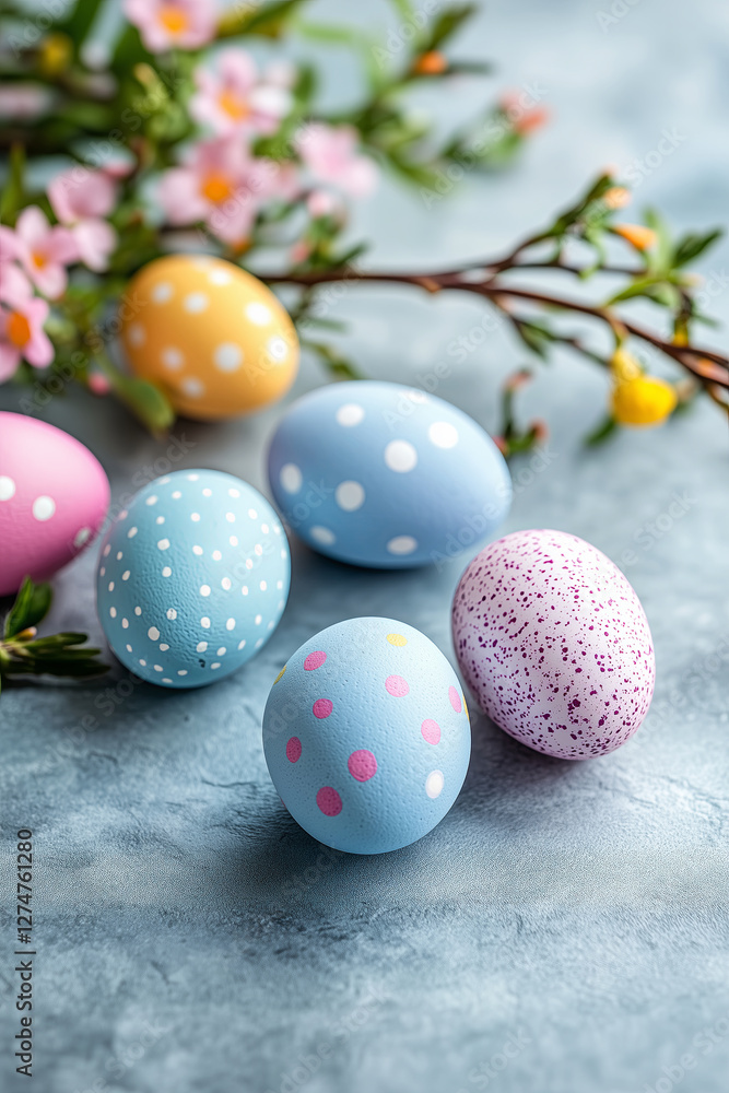 Obraz premium Beautiful Easter setting with painted Easter eggs and spring flowers. Easter postcard.