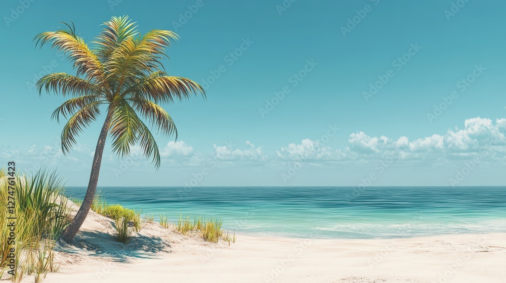 Serene tropical beach with swaying palm tree and calm ocean waves under blue sky Serene tropical beach with swaying palm tree and calm ocean waves under blue sky