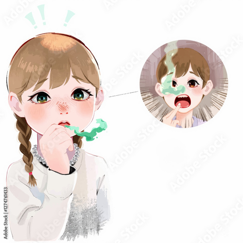 Cartoon Illustration of a Young Girl with Bad Breath Isolated on White Background