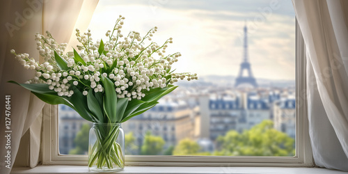 Fototapeta Naklejka Na Ścianę i Meble -  Flowering lily of the valley on a street of Paris. French tradition to offer lily of the valley on the 1st of May, International Workers Day which is a public holiday in France.