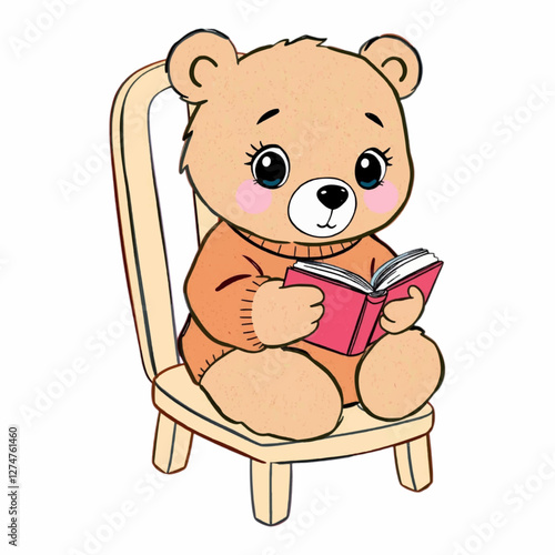 Illustration of a bear reading a book while sitting in a chair, ideal for cozy home decor, children’s stories, or educational content about animals and leisure activities.