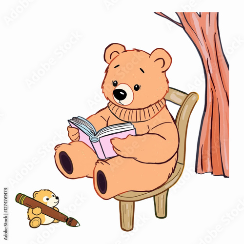 Illustration of a bear comfortably reading in a chair, perfect for children’s literature, animal-themed projects, or relaxation-themed visuals.