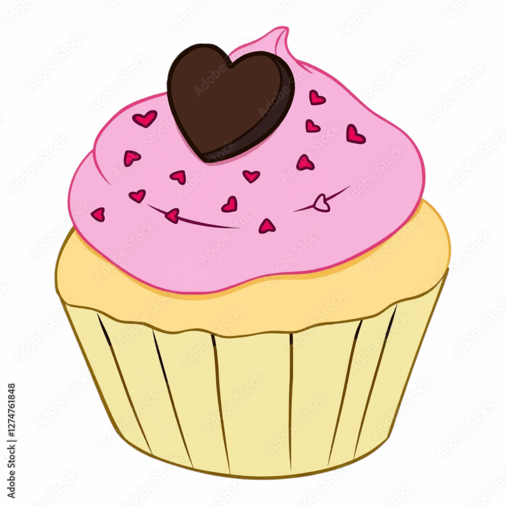 Illustration of a cupcake with pink cream and a chocolate heart-shaped topping, perfect for dessert menus, party invitations, or sweet treat-themed designs. Illustration of a cupcake with pink cream and a chocolate heart-shaped topping, perfect for dessert menus, party invitations, or sweet treat-themed designs.