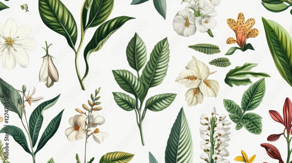 Variety of botanical illustrations featuring flowers and leaves on white background Variety of botanical illustrations featuring flowers and leaves on white background