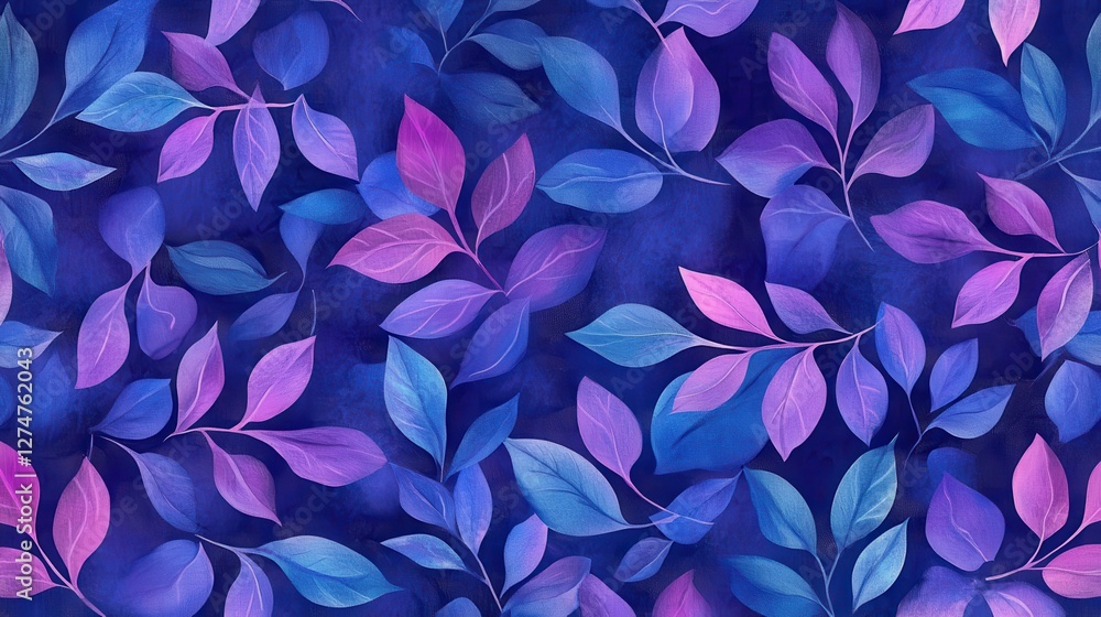 Vibrant purple and blue foliage pattern with watercolor leaves on a dark background Vibrant purple and blue foliage pattern with watercolor leaves on a dark background