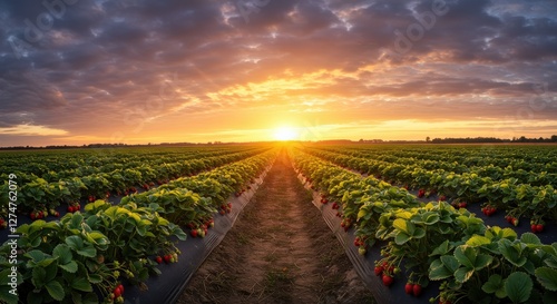 Strawberry field at sunset