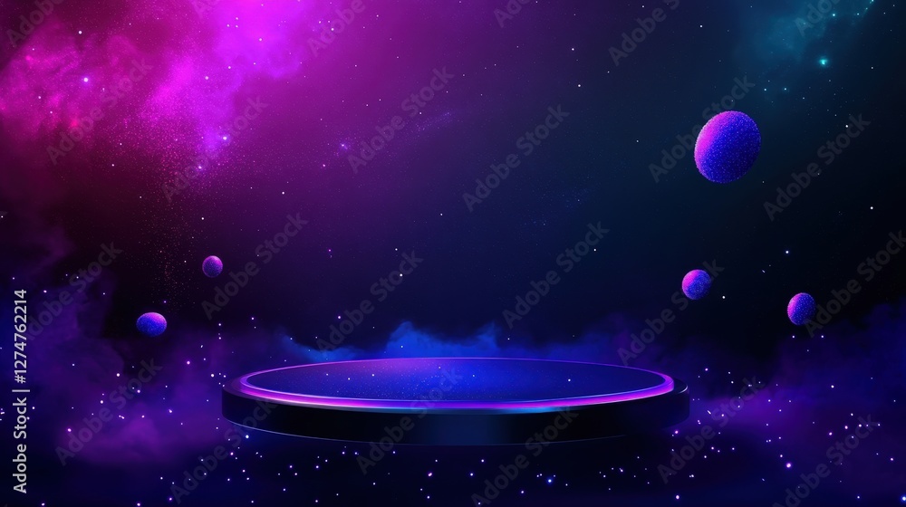 A vibrant, cosmic scene featuring a colorful nebula, floating planets, and a mysterious platform. Perfect for illustrations of space, astronomy, and science fiction. A vibrant, cosmic scene featuring a colorful nebula, floating planets, and a mysterious platform. Perfect for illustrations of space, astronomy, and science fiction.