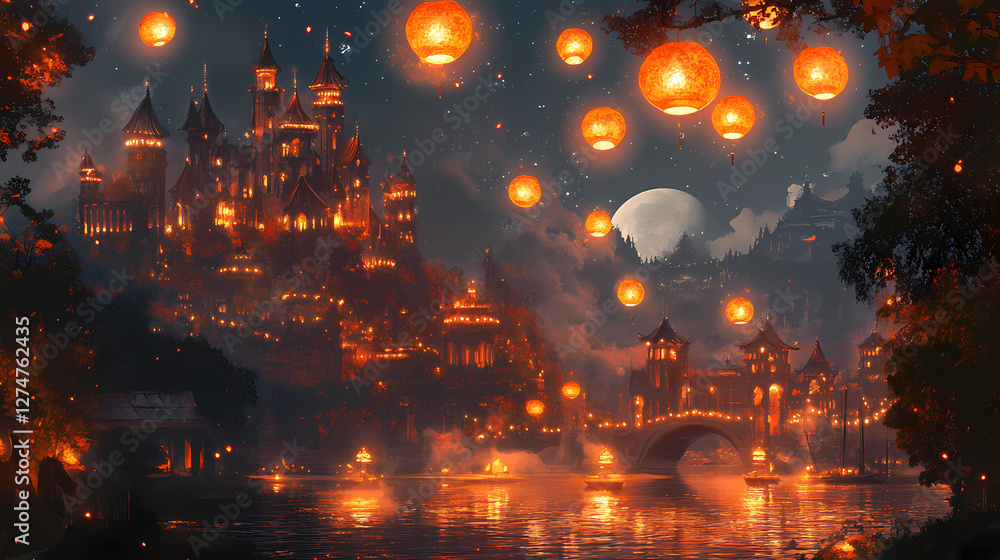 Fototapeta premium Moonlit palace with glowing lights and floating lanterns in an enchanting illustration. Enchanted Floating Lanterns. Illustration