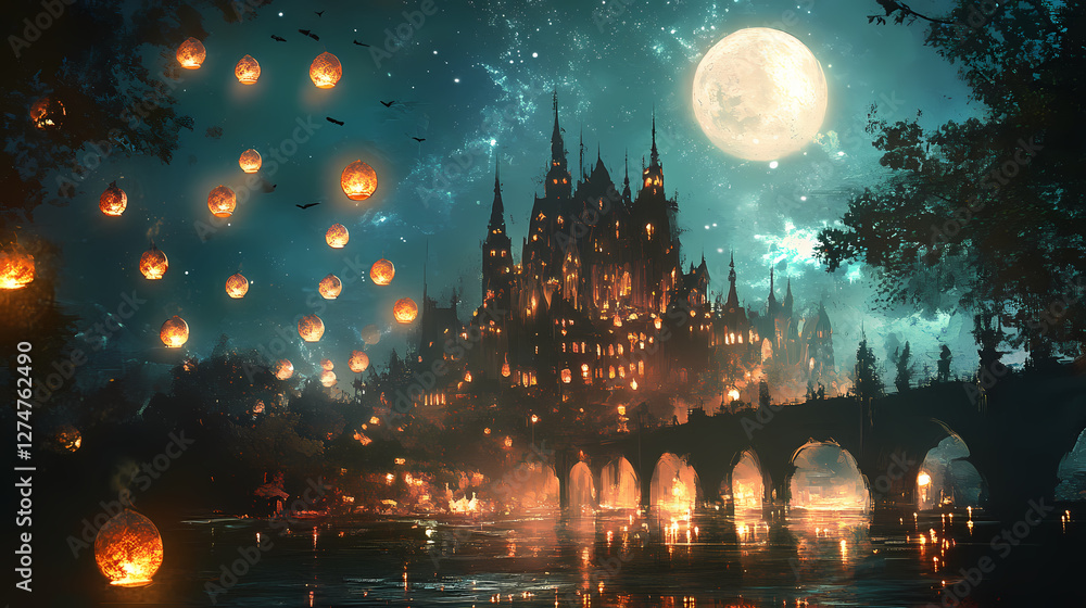 Obraz premium Moonlit palace with glowing lights and floating lanterns in an enchanting illustration. Enchanted Floating Lanterns. Illustration
