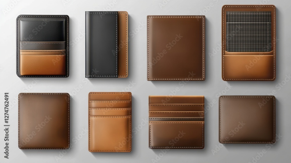 Fototapeta premium Collection of eight stylish leather wallet designs in various brown and black shades