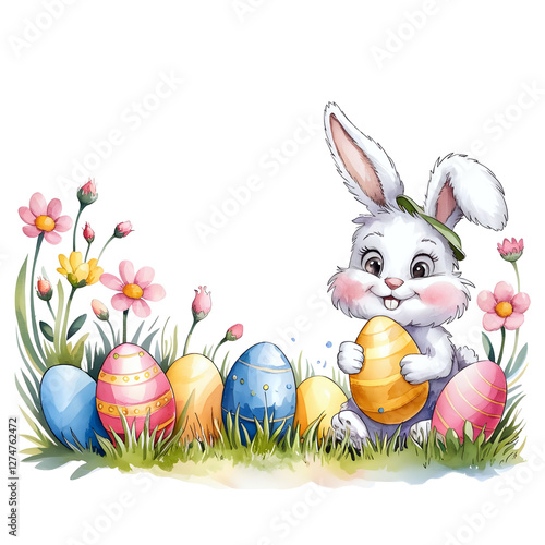 Adorable Easter Bunny with Colorful Eggs and Spring Flowers