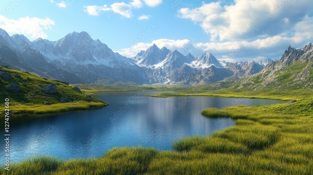A serene mountain lake with clear, bright blue water, surrounded by lush green grass and rocky mountains in the background. A serene mountain lake with clear, bright blue water, surrounded by lush green grass and rocky mountains in the background.